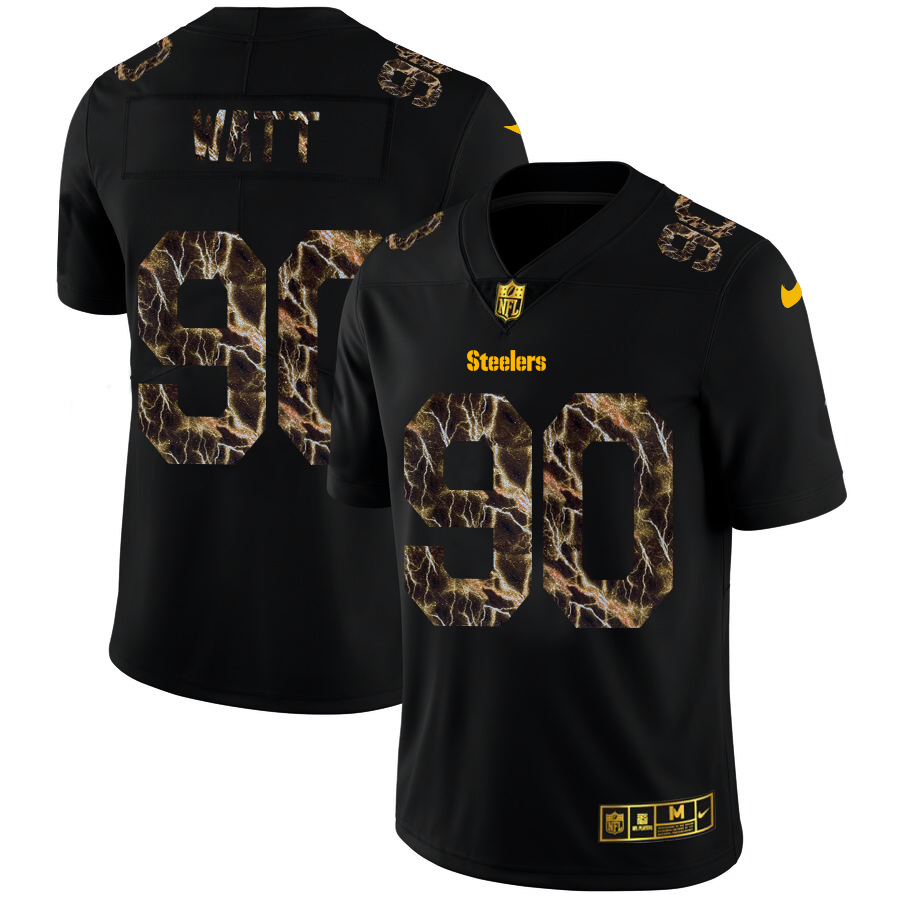 2020 Pittsburgh Steelers #90 T.J. Watt Men Black Nike Flocked Lightning Vapor Limited NFL Jersey